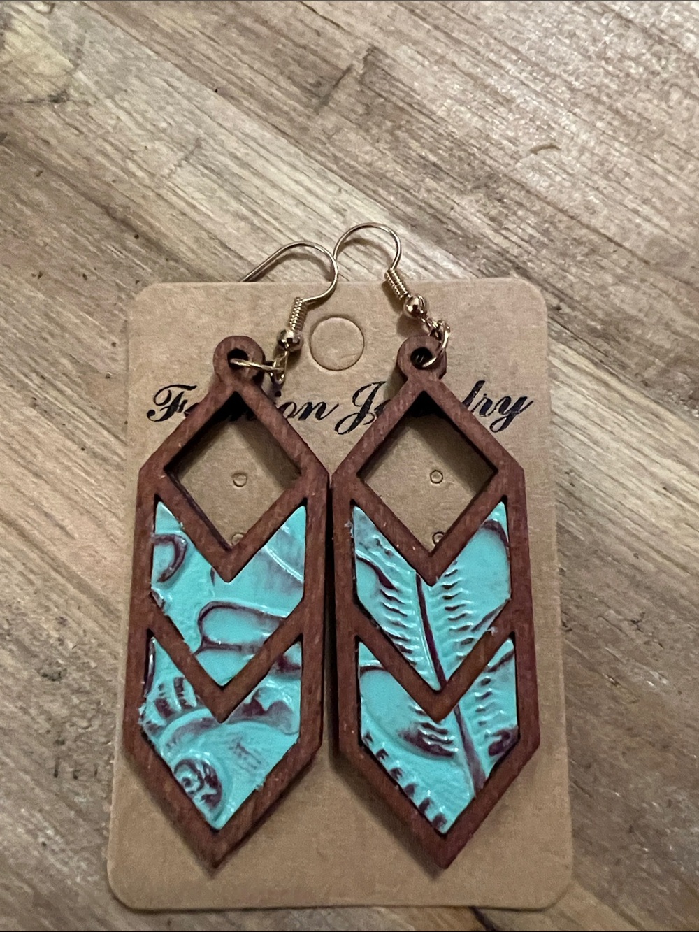 3/$18 Fashion Jewelry Turquoise and Brown Wooden Chevron Drop Earrings Lot 2183